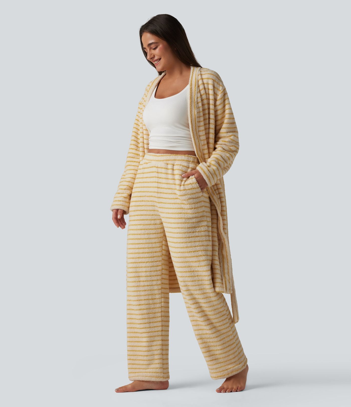 Pantalon de détente large en flanelle rayée taille haute avec poches