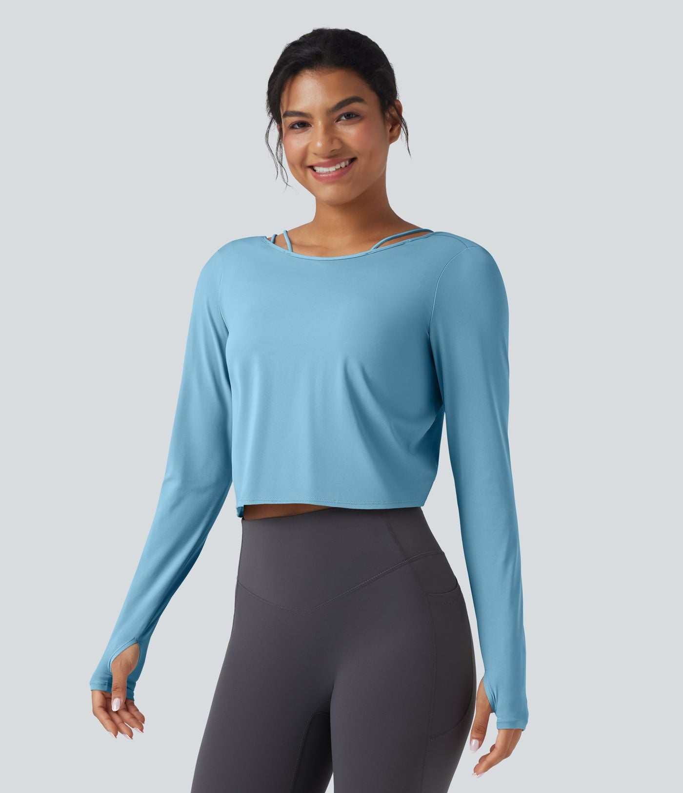 Top de sport yoga SoftlyZero™ QuickDry 2-en-1 dos nu torsadé manches longues avec trous pouces