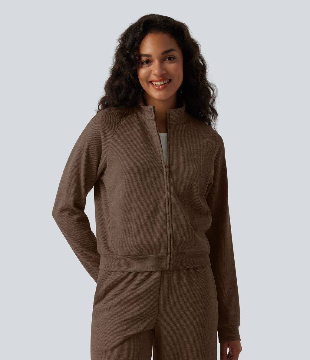 Veste casual côtelée à col montant, manches longues et fermeture zippée avec poches