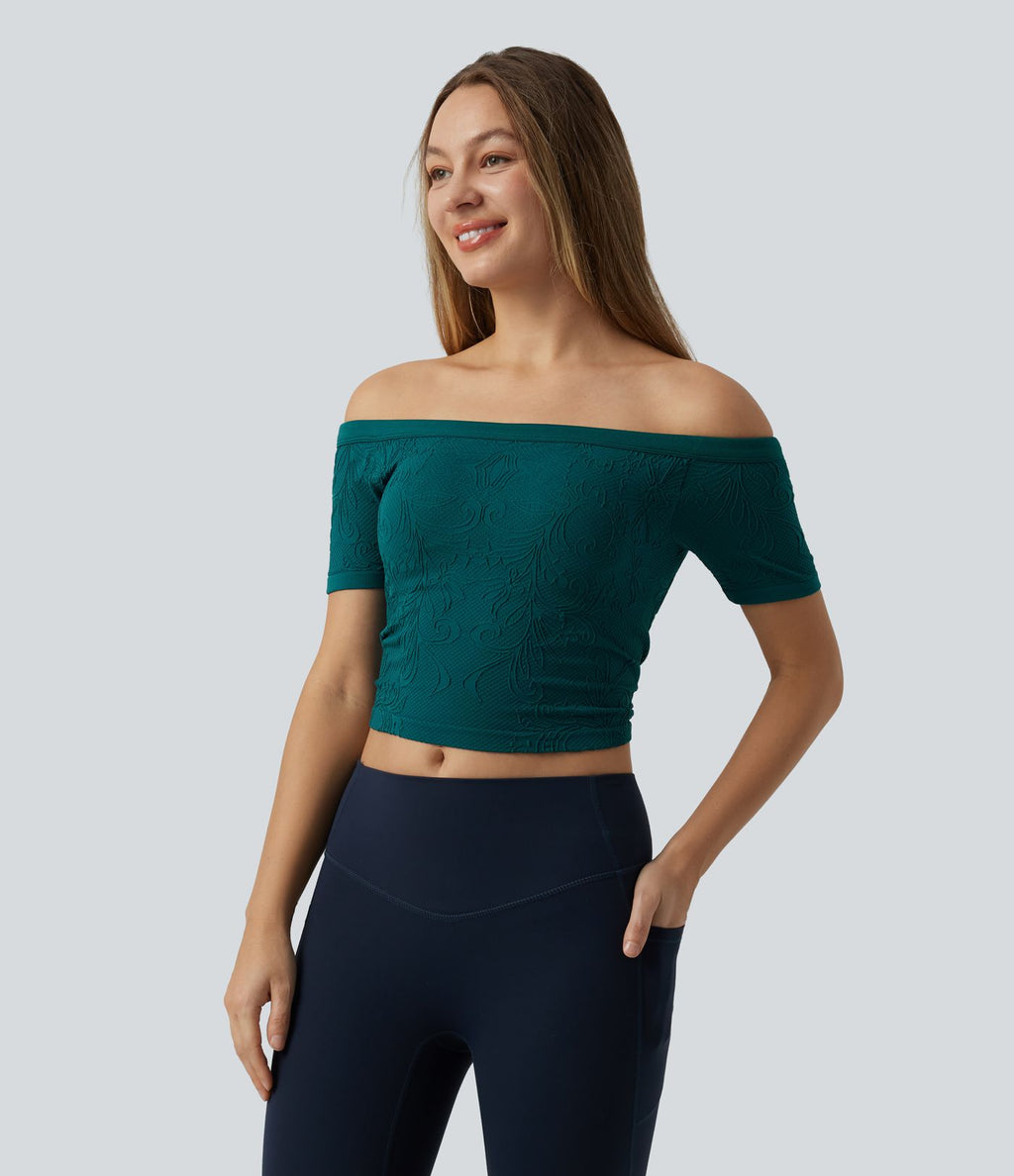 OneForm Seamless Flow Haut de sport de yoga raccourci sans couture épaules dénudées à manches courtes, avec soutien-gorge intégré