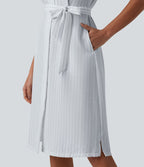Robe-chemise midi tailleur à manches courtes et col, aspect lin à rayures, ceinturée et avec poches