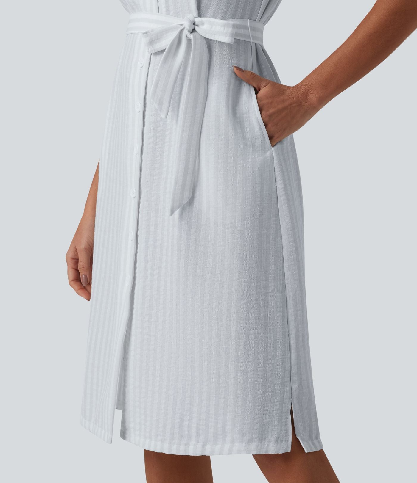 Robe-chemise midi tailleur à manches courtes et col, aspect lin à rayures, ceinturée et avec poches