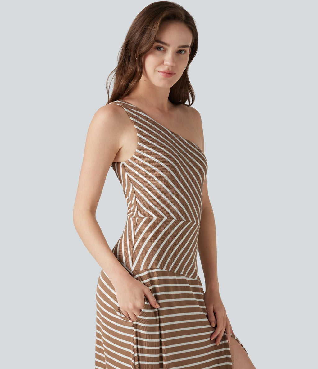 Robe longue décontractée à rayures, asymétrique, sans manches, en maille côtelée, avec poche