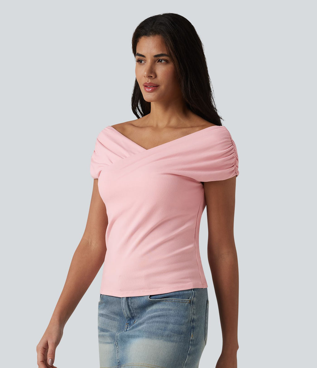 T-shirt casual en maille côtelée à manches courtes avec soutien-gorge intégré