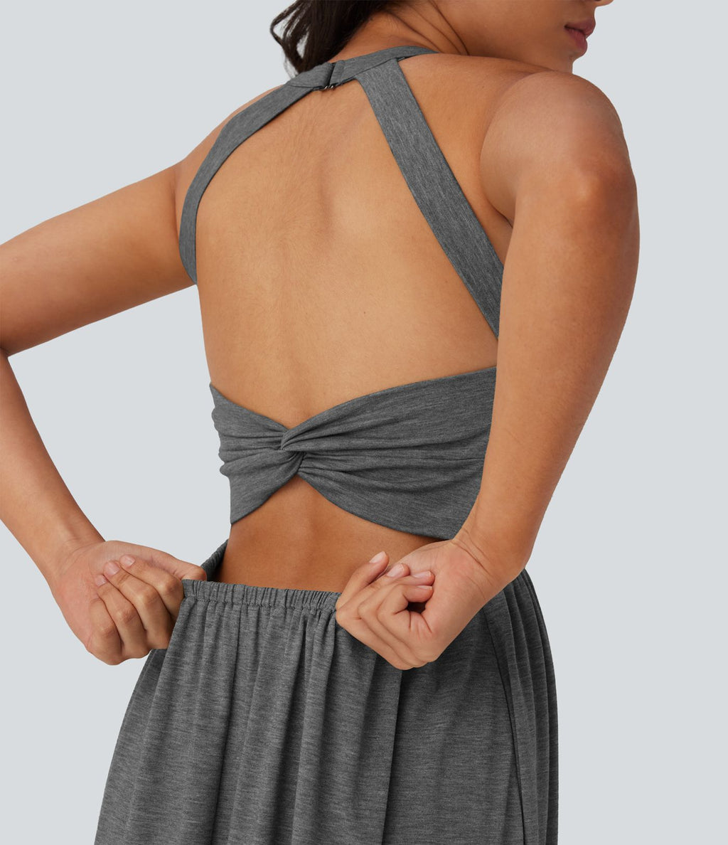 Robe longue fluide fendue avec poches latérales, dos nu et effet torsadé