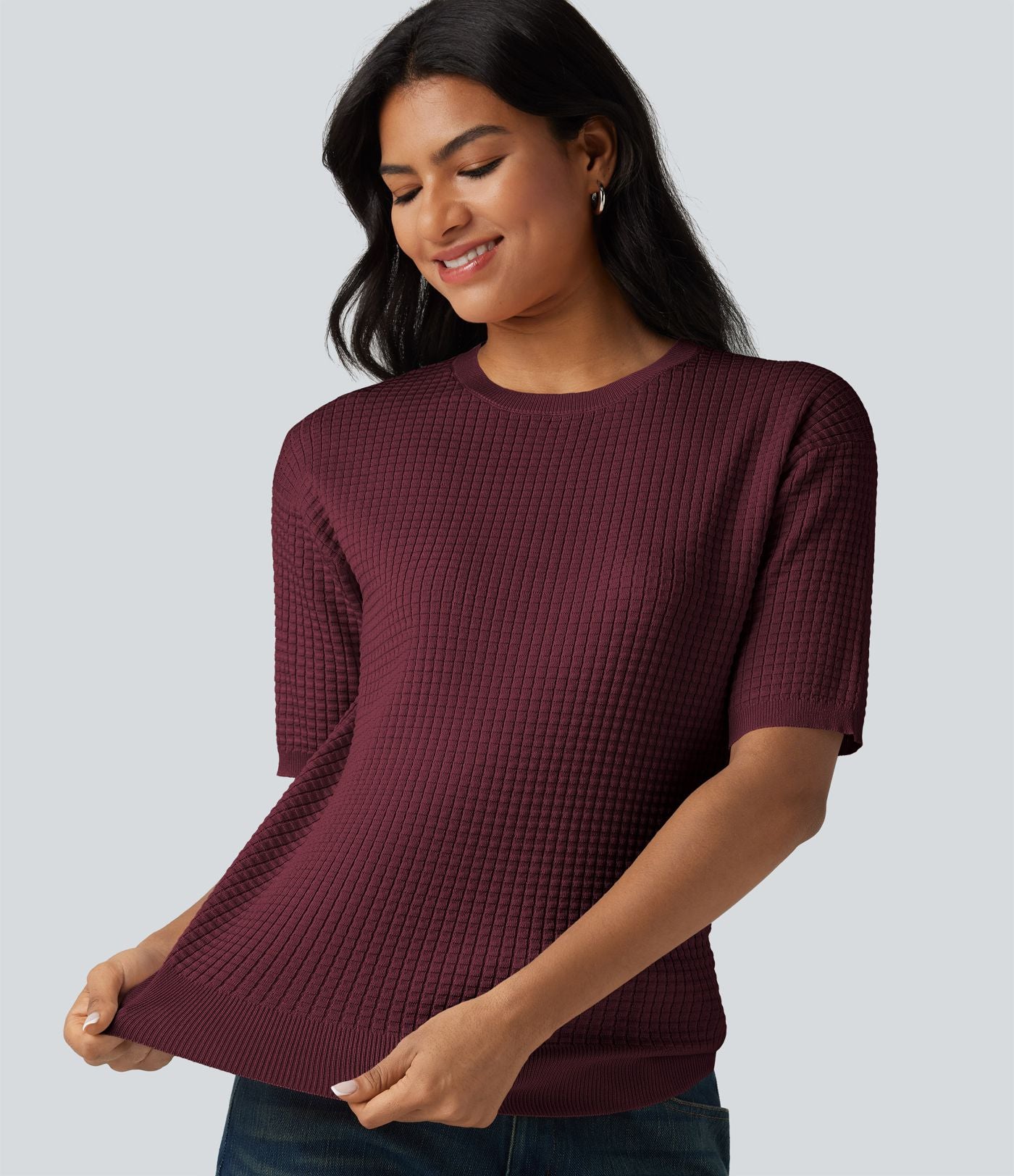 Pull col rond manches courtes en tissu gaufré