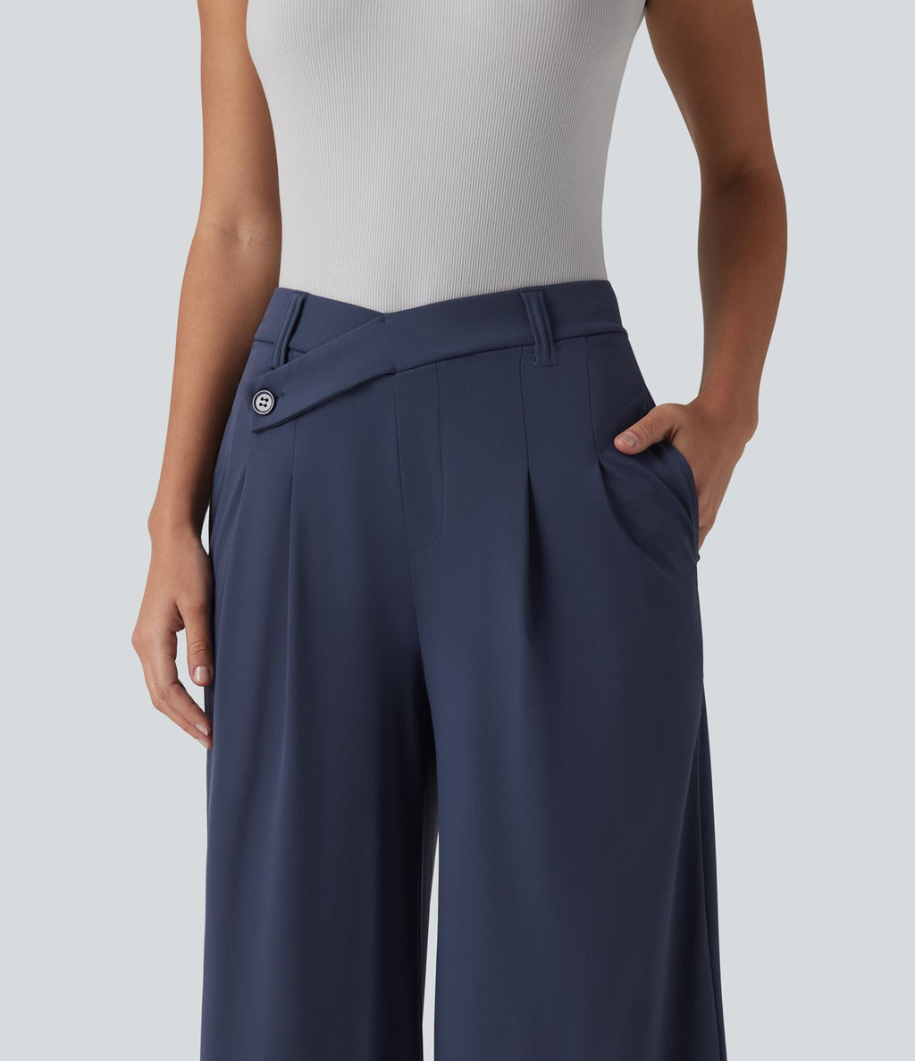 Pantalon tailleur évasé asymétrique taille mi-haute avec poches