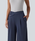 Pantalon tailleur évasé asymétrique taille mi-haute avec poches