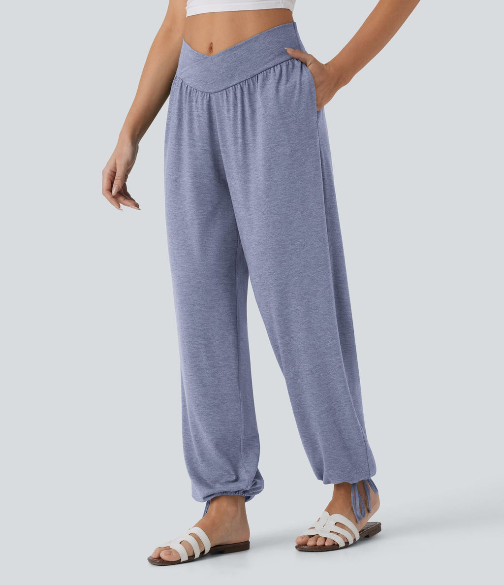 Pantalon de jogging décontracté à taille haute croisée avec poches latérales et cordon de serrage