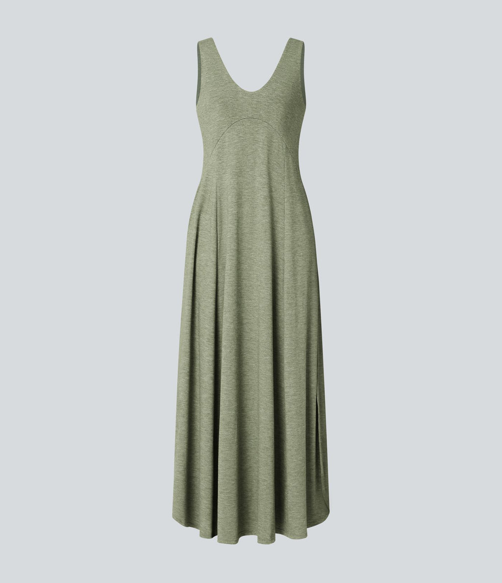 Robe Casual Débardeur Longue Fluide Fendue Dos Nu à Col en U