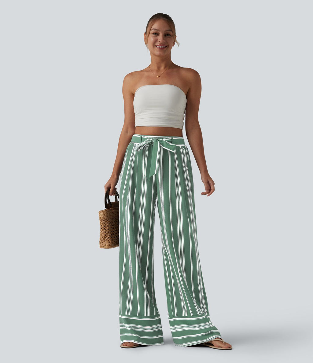 Pantalon large taille haute à rayures avec ceinture et poches