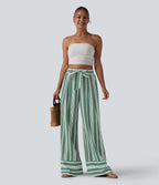 Pantalon large taille haute à rayures avec ceinture et poches