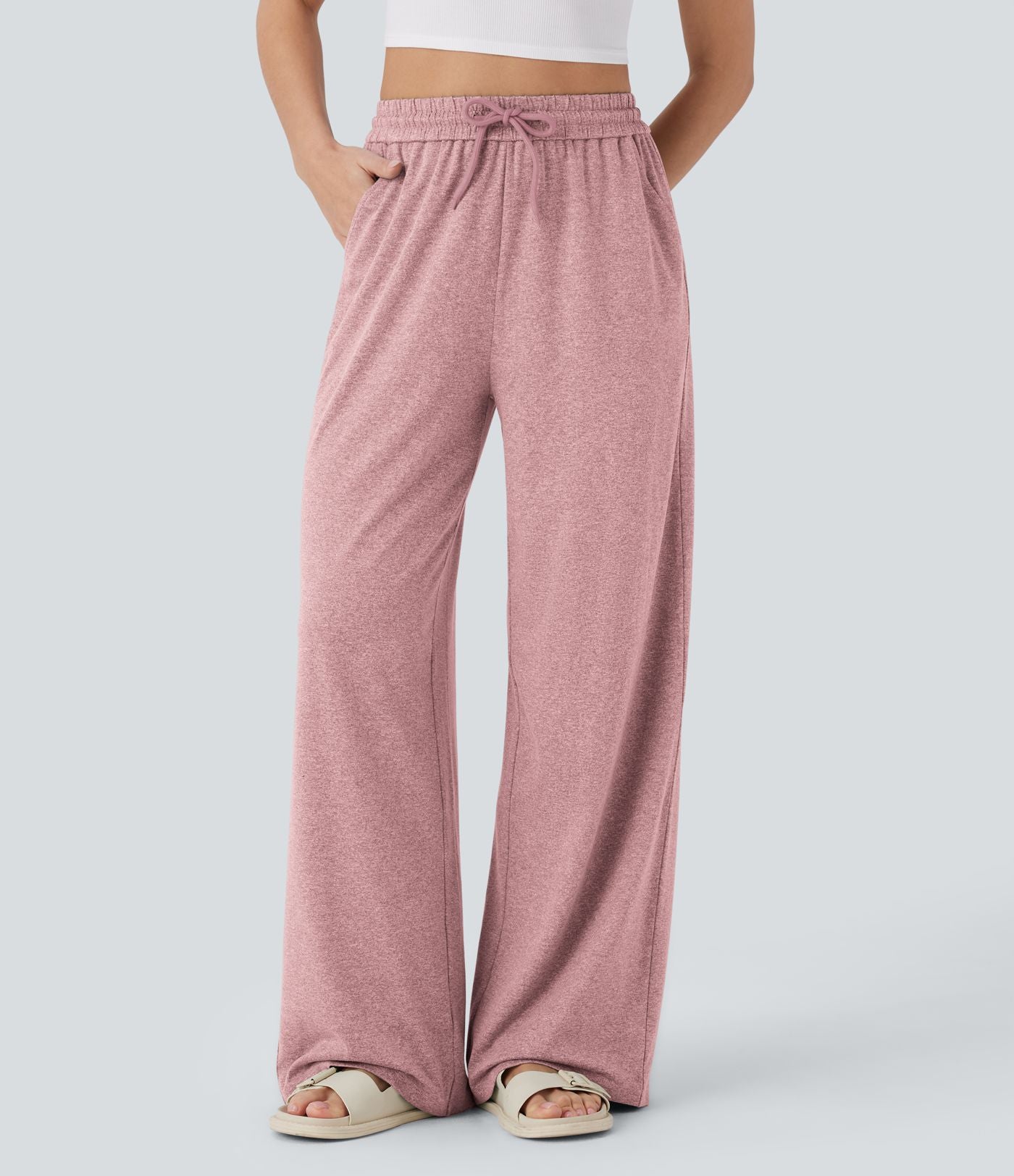 Pantalon large décontracté taille haute avec cordon de serrage et poches latérales