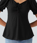 Blouse décontractée col V manches courtes bouffantes lacée ajourée
