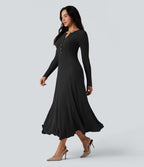 Robe longue fluide maille côtelée col henley manches longues