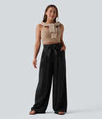 Pantalon casual ample taille haute aspect lin avec ceinture et poches