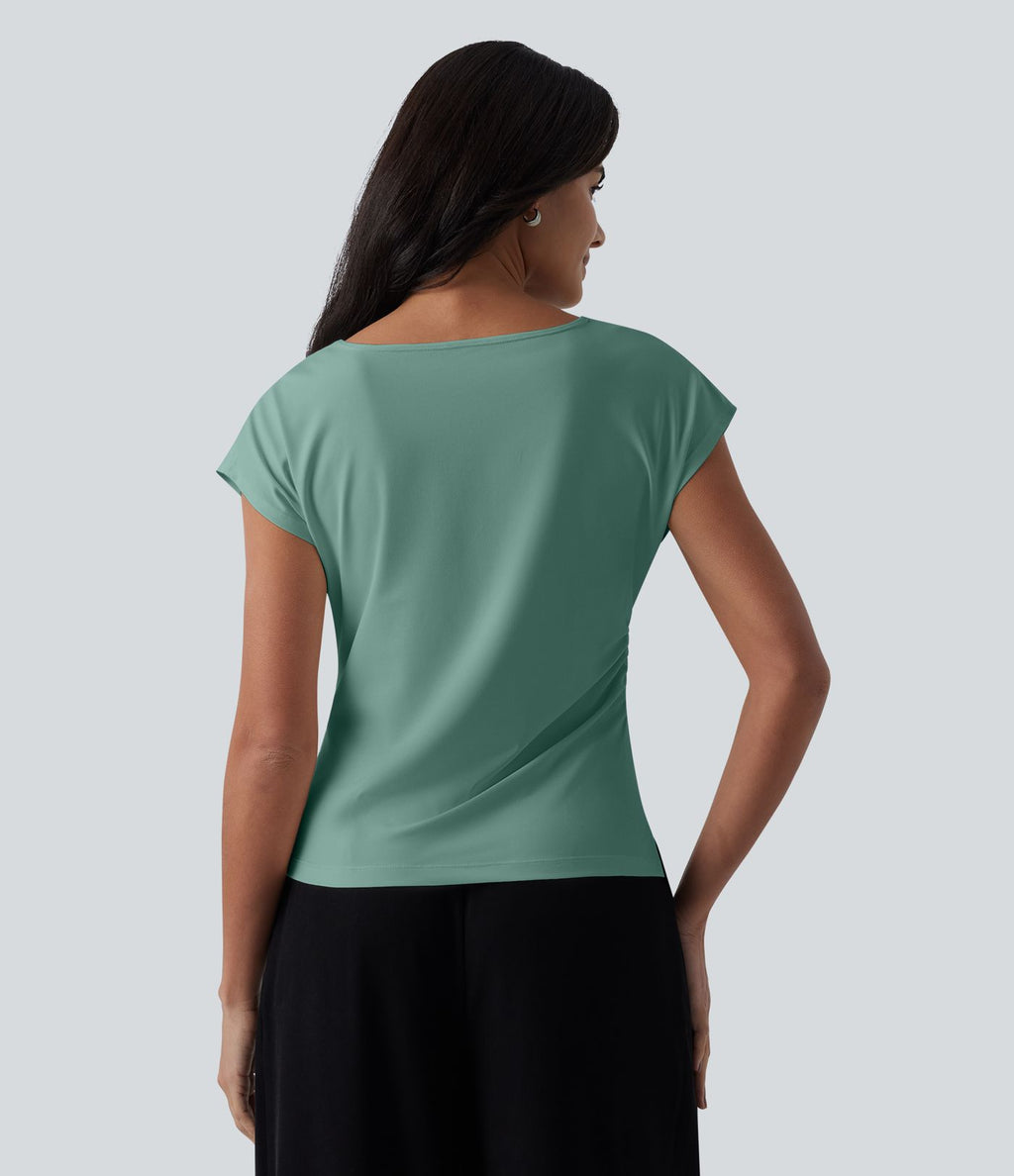 Blouse tailleur asymétrique col drapé manches courtes avec fronces et ourlet fendu
