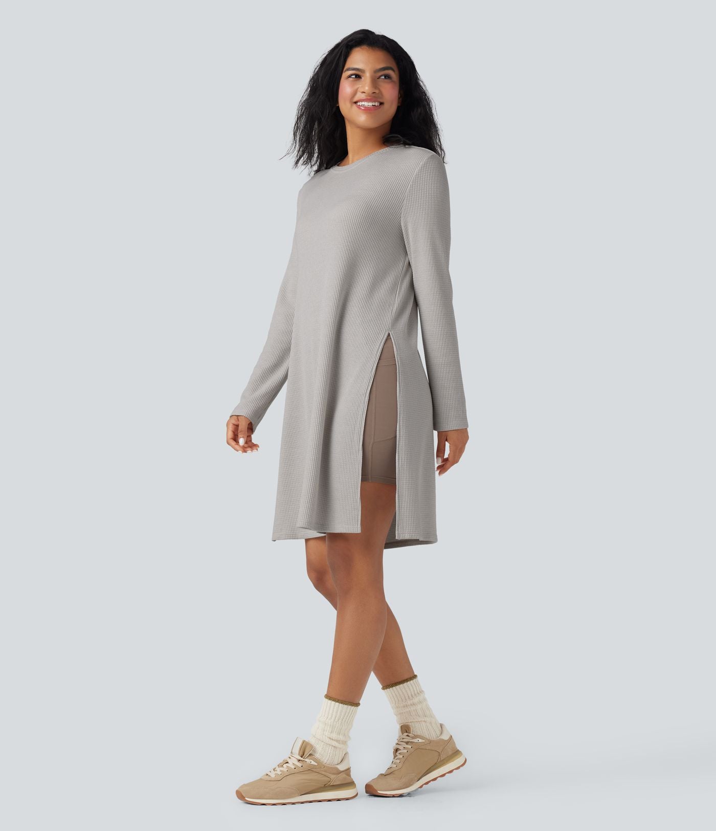 Sweat décontracté long col rond manches longues maille gaufrée