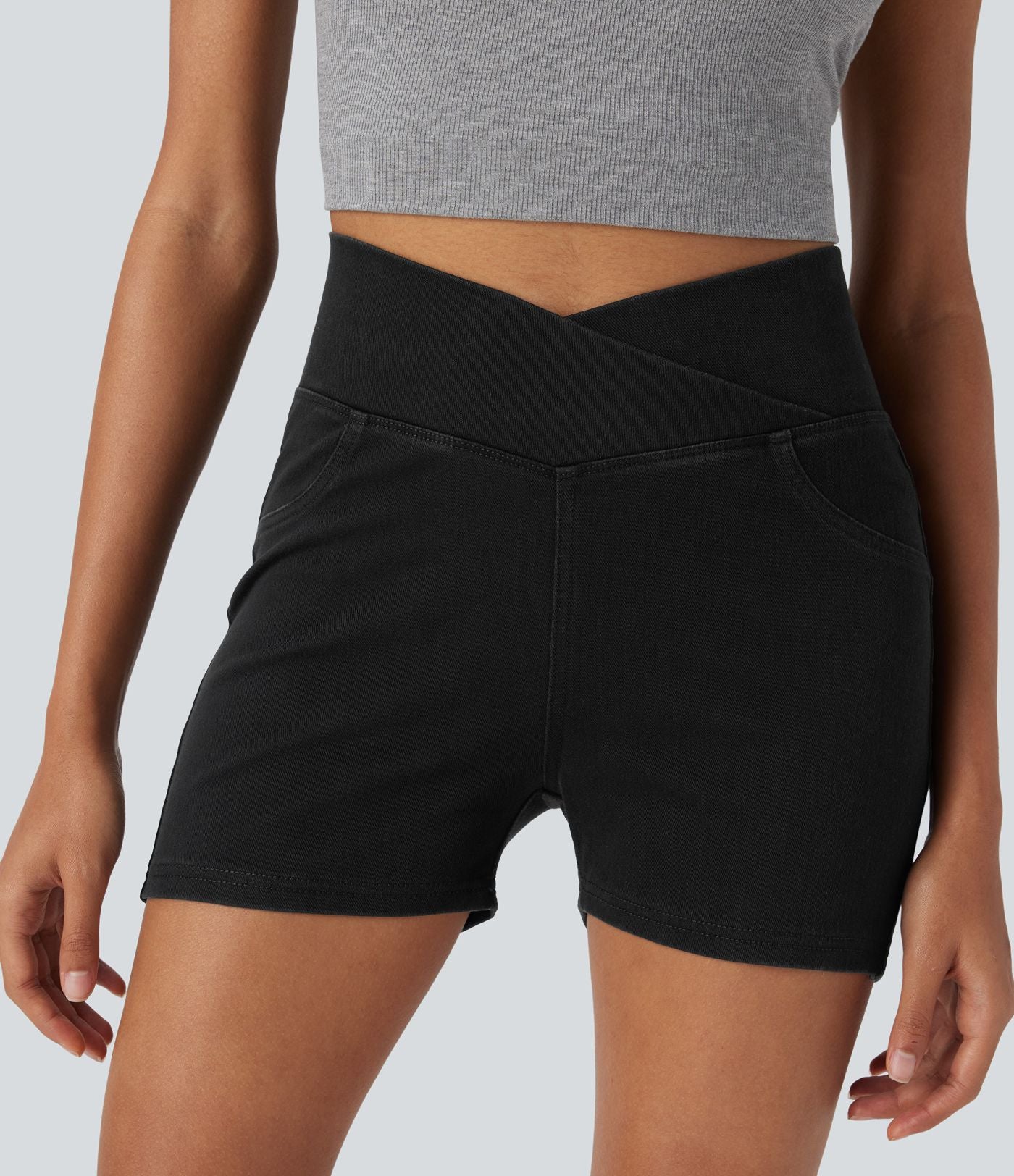 Halara Flex™  Shorts 7,5cm Denim Casual Taille Haute Poches Latérales Croisées en Maille Extensible