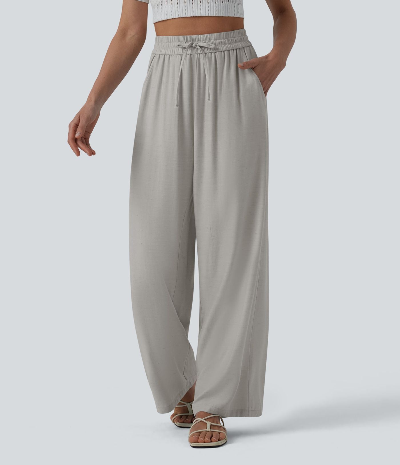 Pantalon casual large fluide mélange lin taille haute avec cordon de serrage et poches