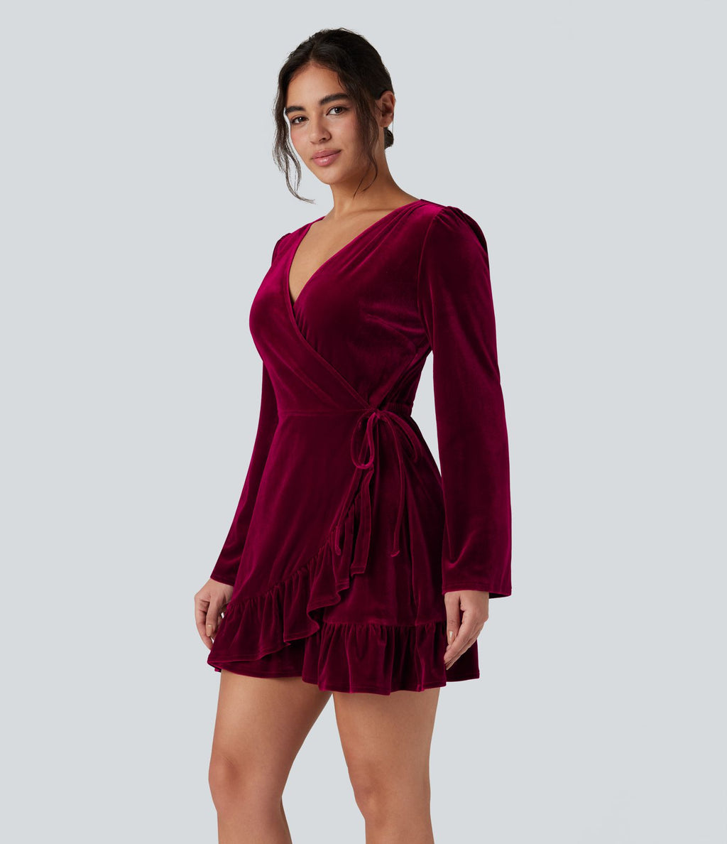 Robe mini velours portefeuille col V volants manches longues