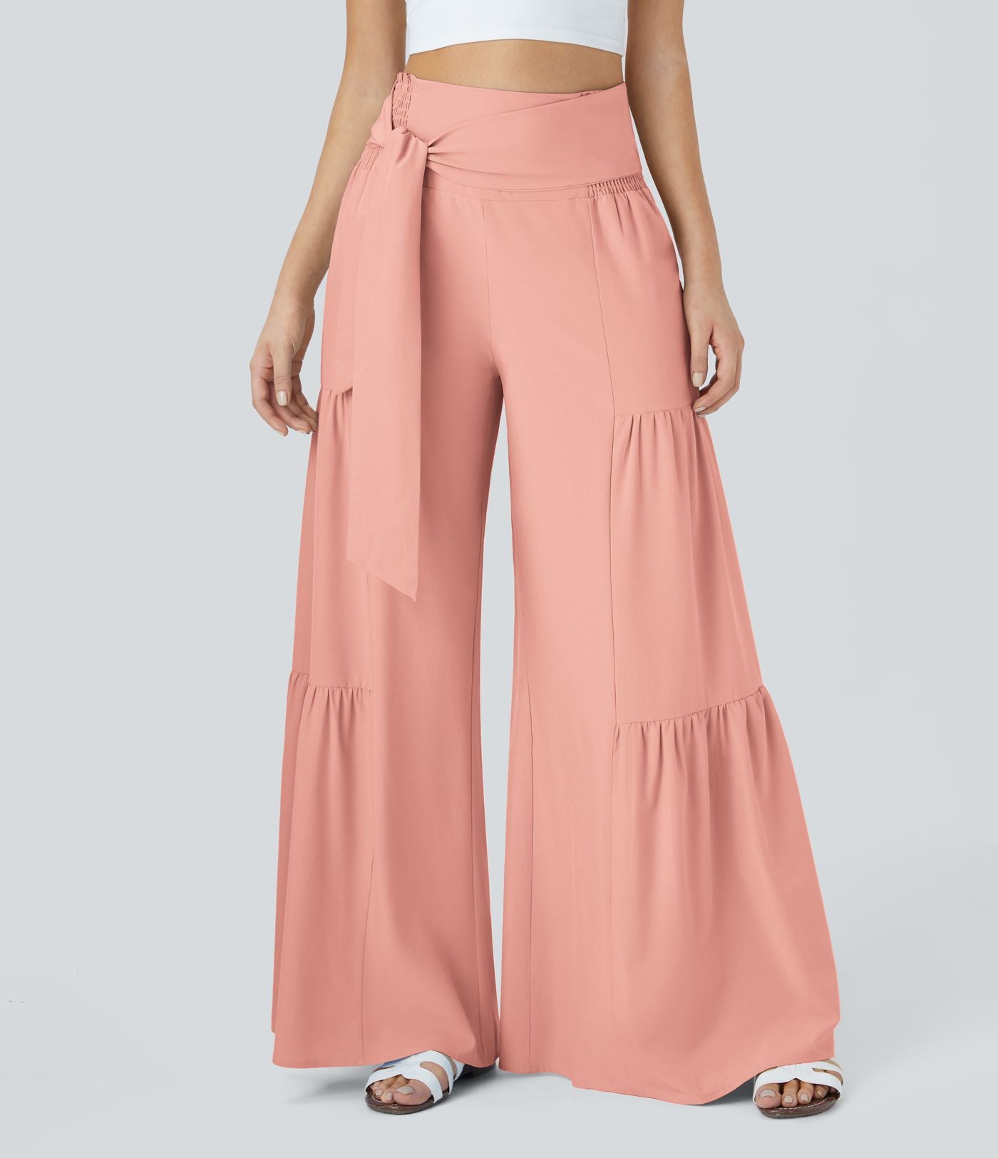 Breezeful™ Pantalon Large Casual Taille Haute Froncé à Nouer Devant et Dos Fluide Séchage Rapide