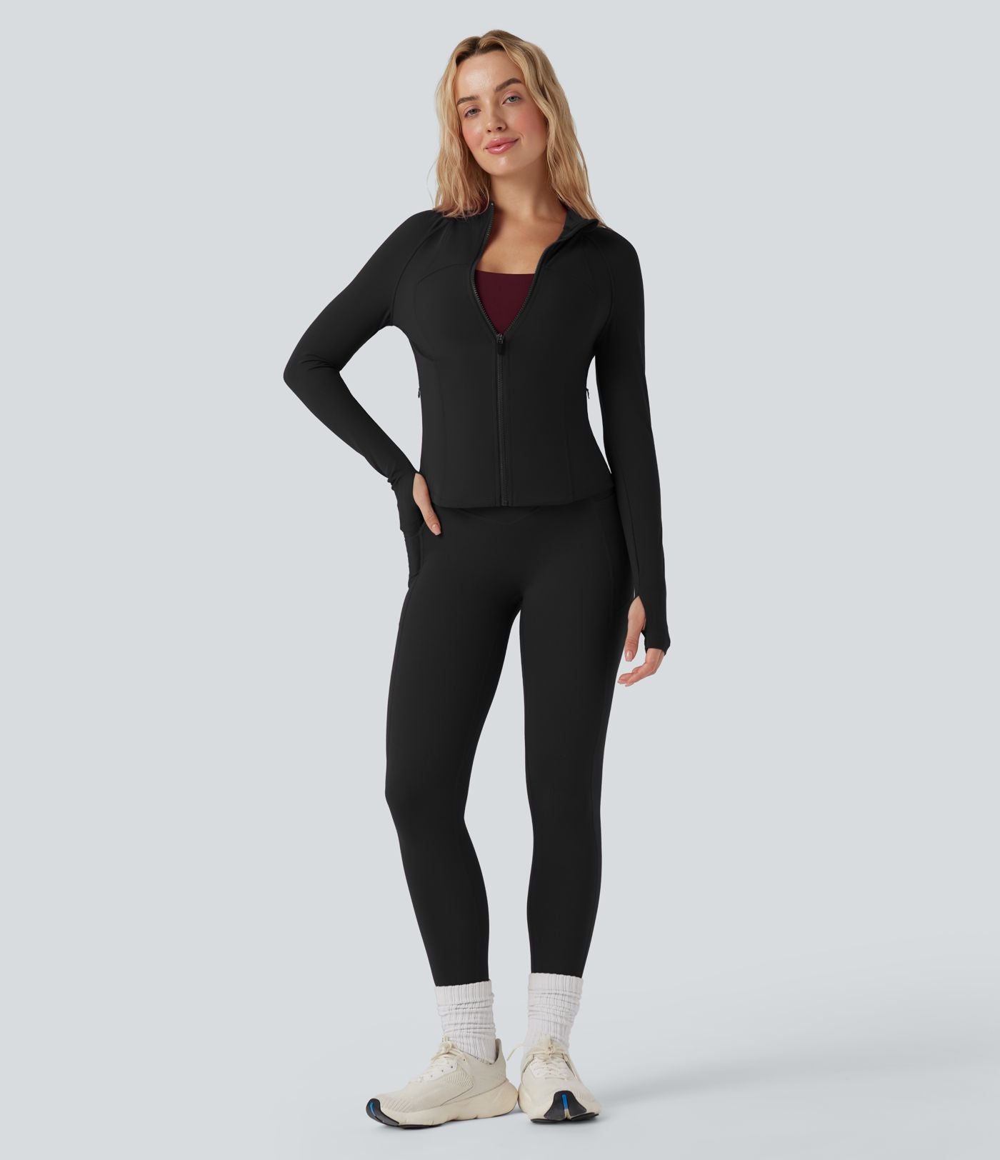 Veste yoga col montant à manches longues avec passants pouces Halara UltraSculpt™ avec poches