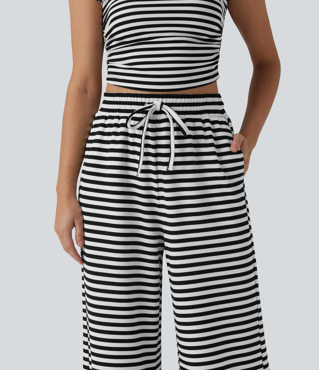 Pantalon large casual à rayures en maille gaufrée taille haute avec cordon de serrage et poches