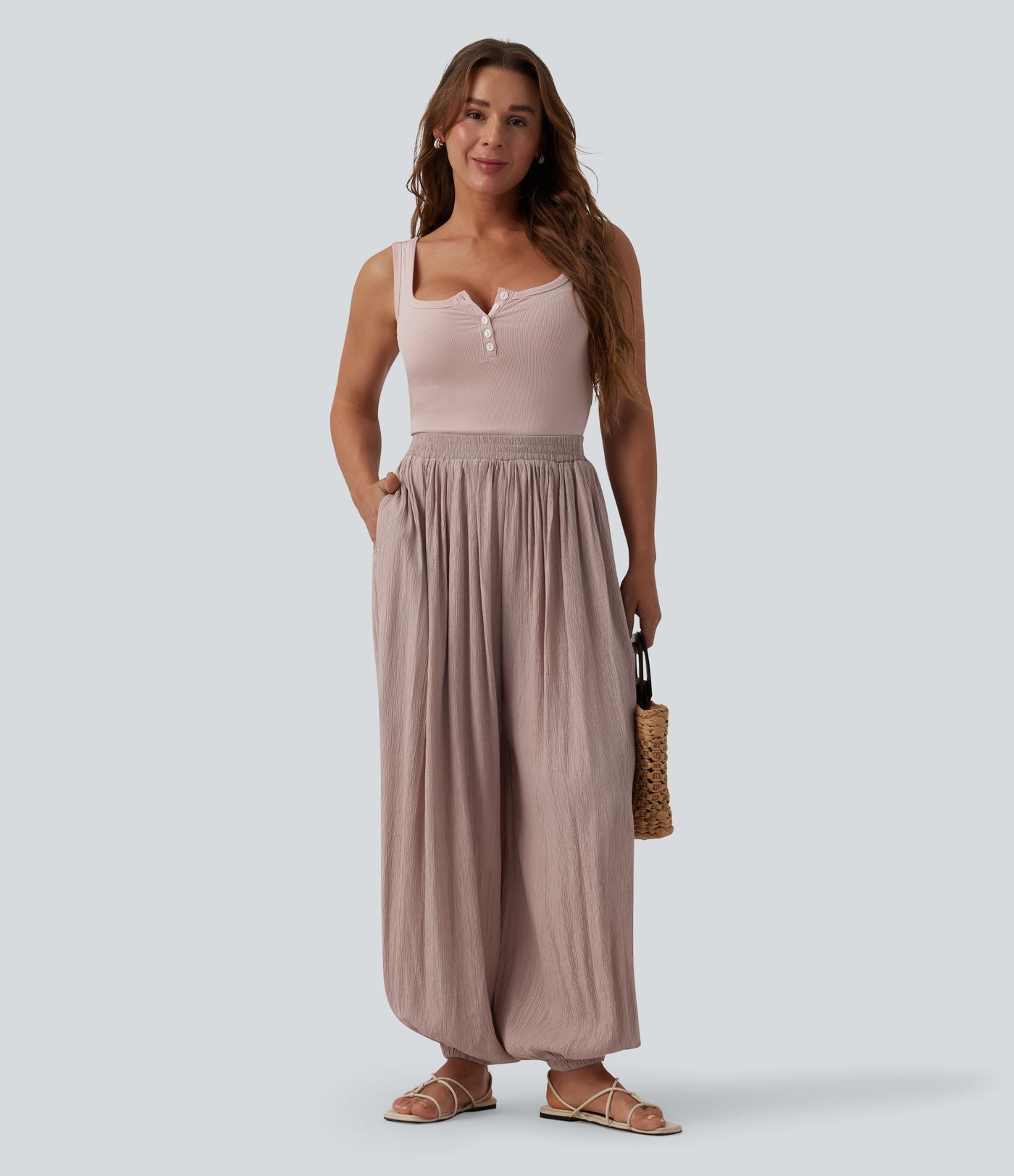 Jogging ample taille mi-haute avec poches