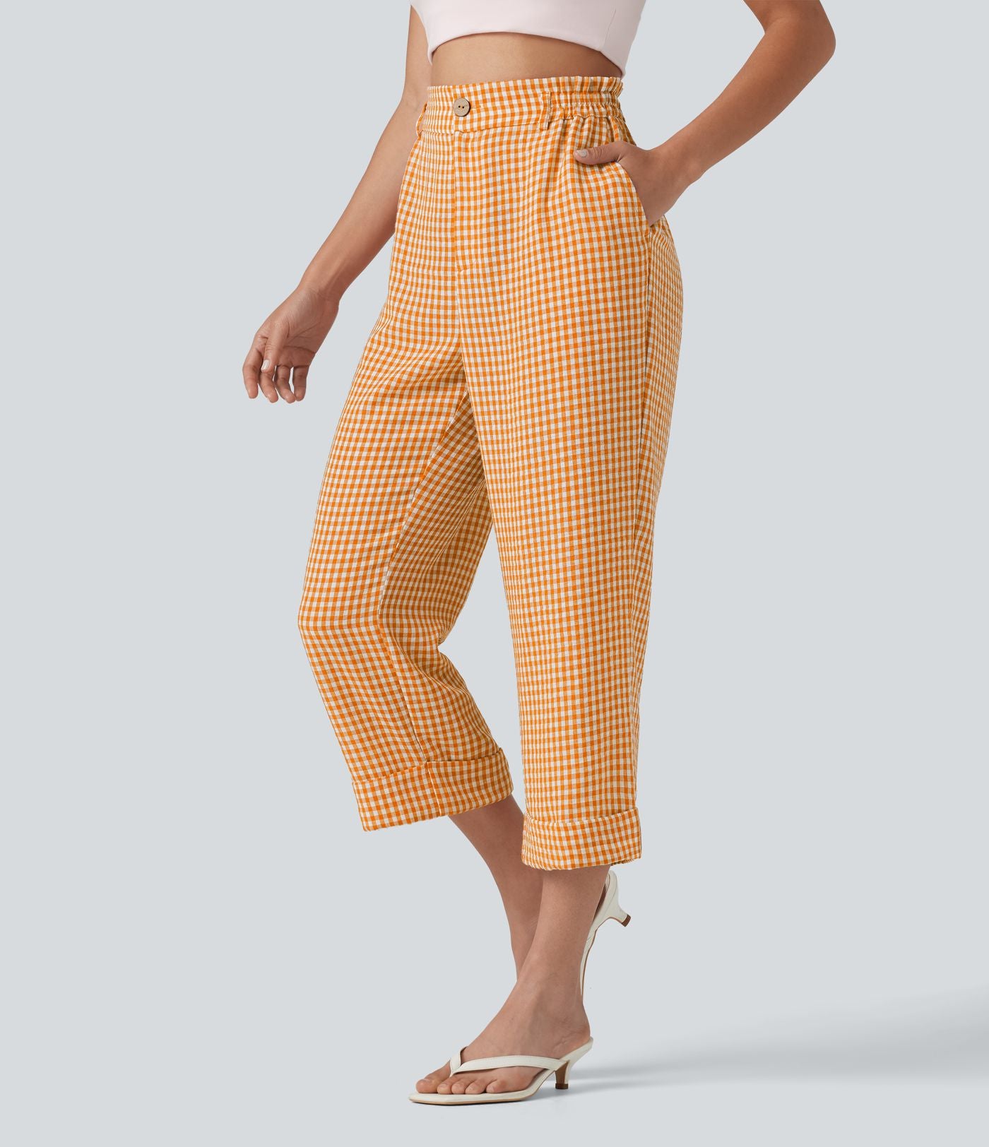 Pantalon 7/8 décontracté aspect lin à carreaux taille haute avec poches
