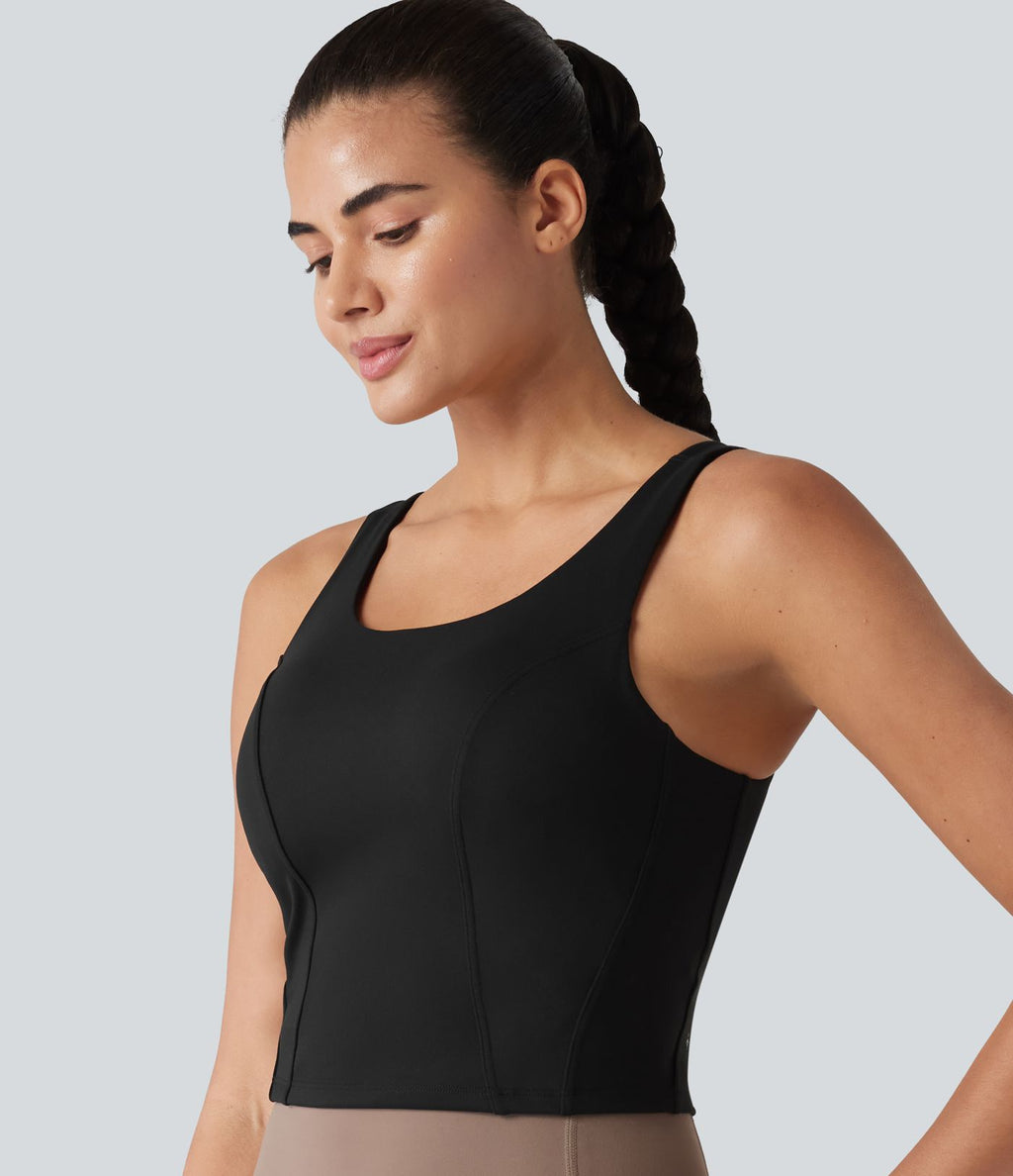 Débardeur de danse à col en U contrasté en maille respirante avec brassière intégrée
