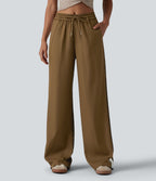 Pantalon ample décontracté taille mi-haute avec cordon de serrage color block rayures léopard contrastant avec poches