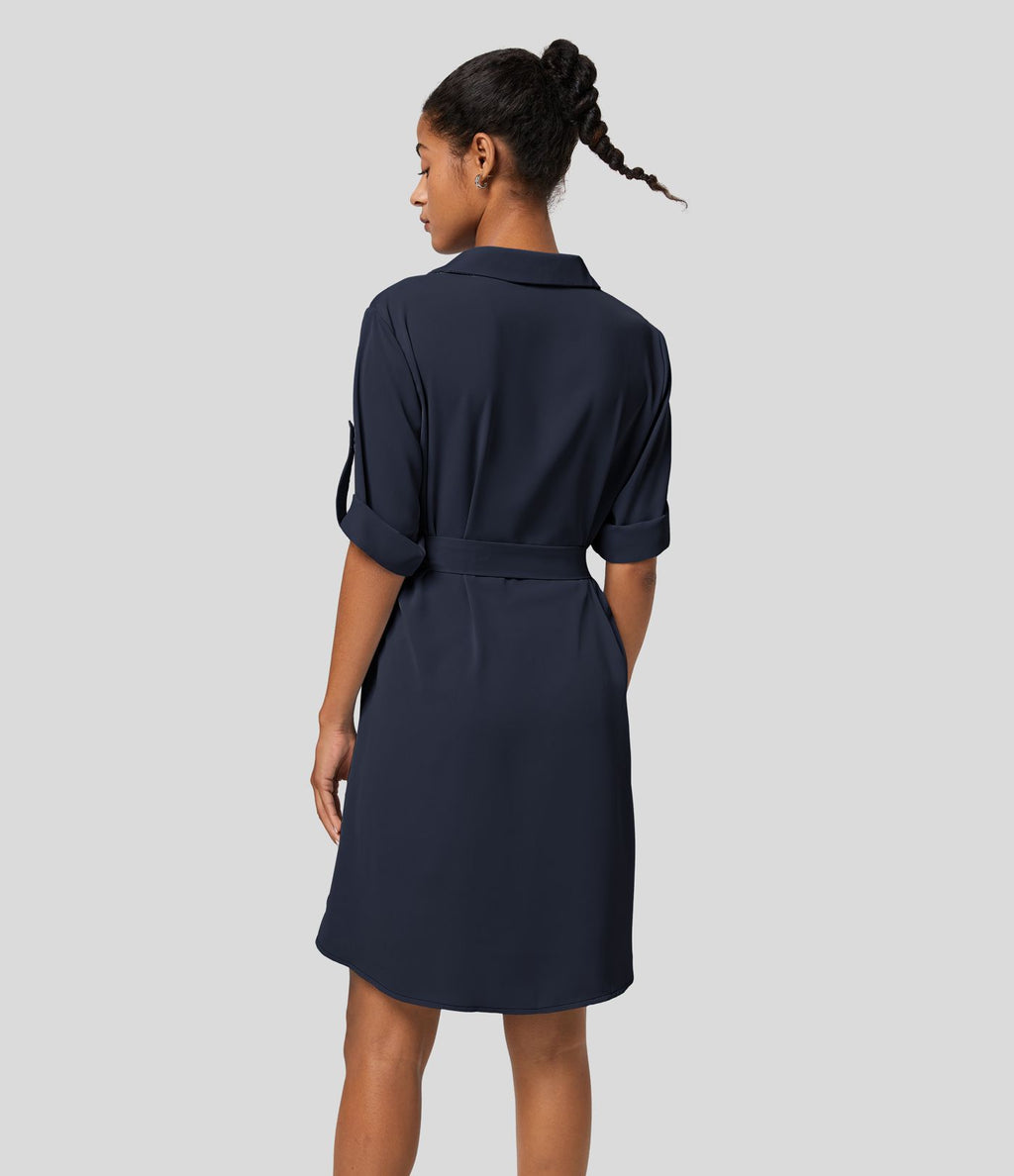 Robe-chemise décontractée à col, manches retroussables et ceinture