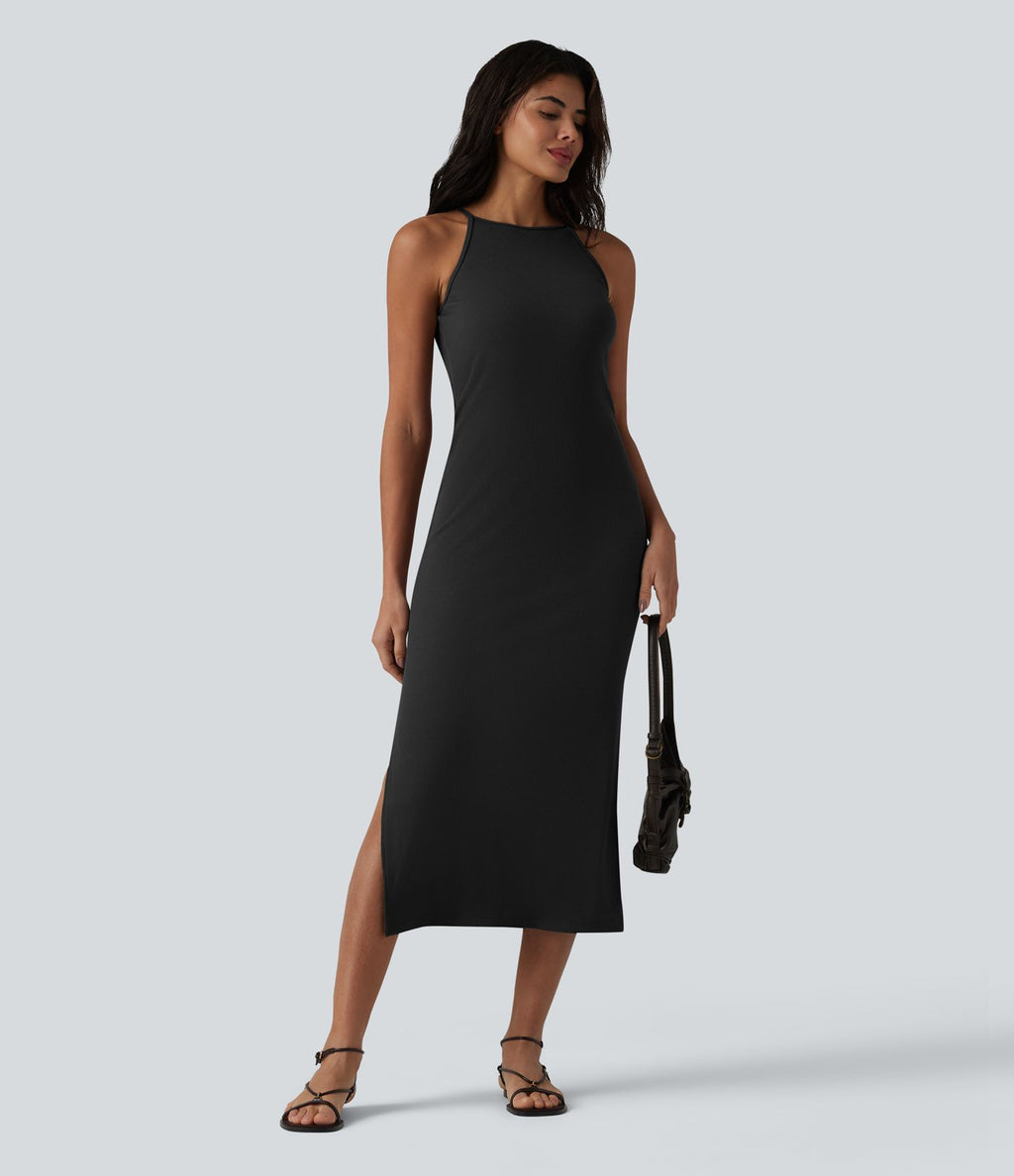 Robe midi à bretelles col rond en maille côtelée