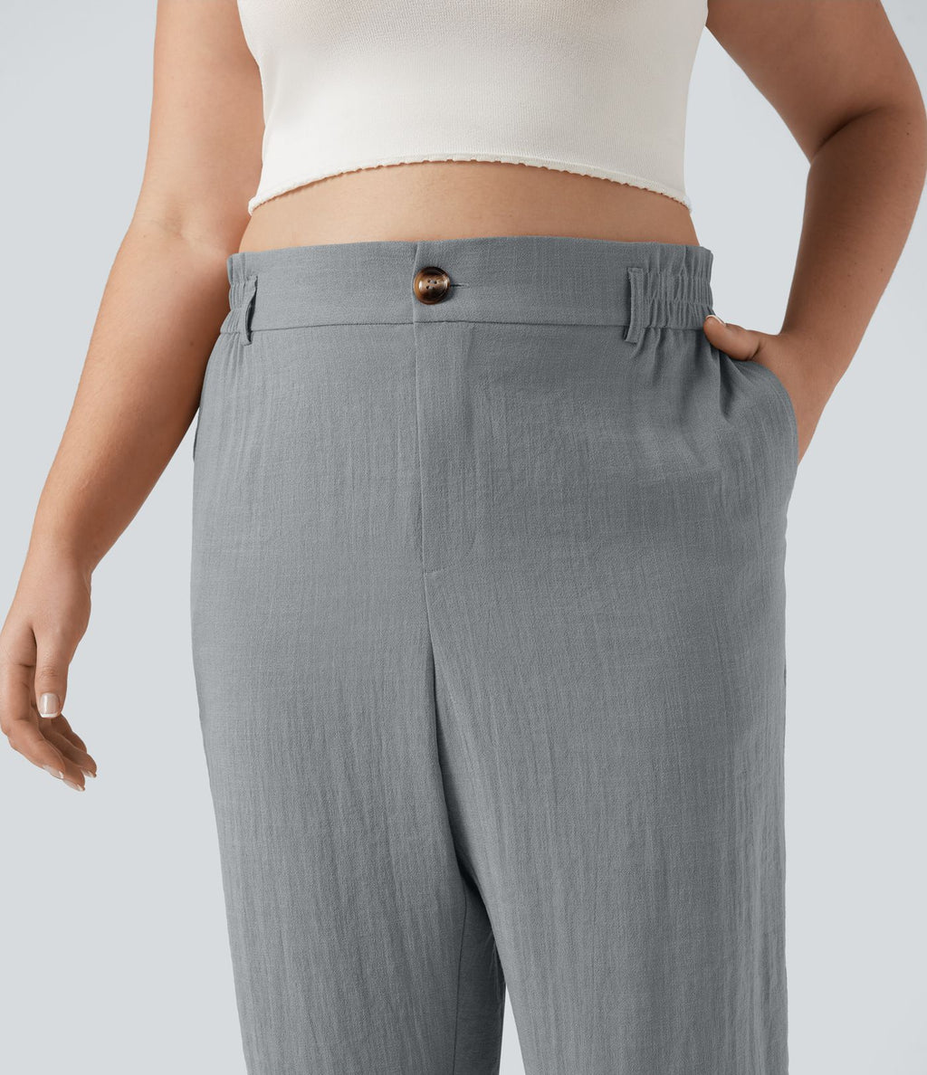 Pantalon de villégiature capri effet lin, grande taille, taille haute, avec poches