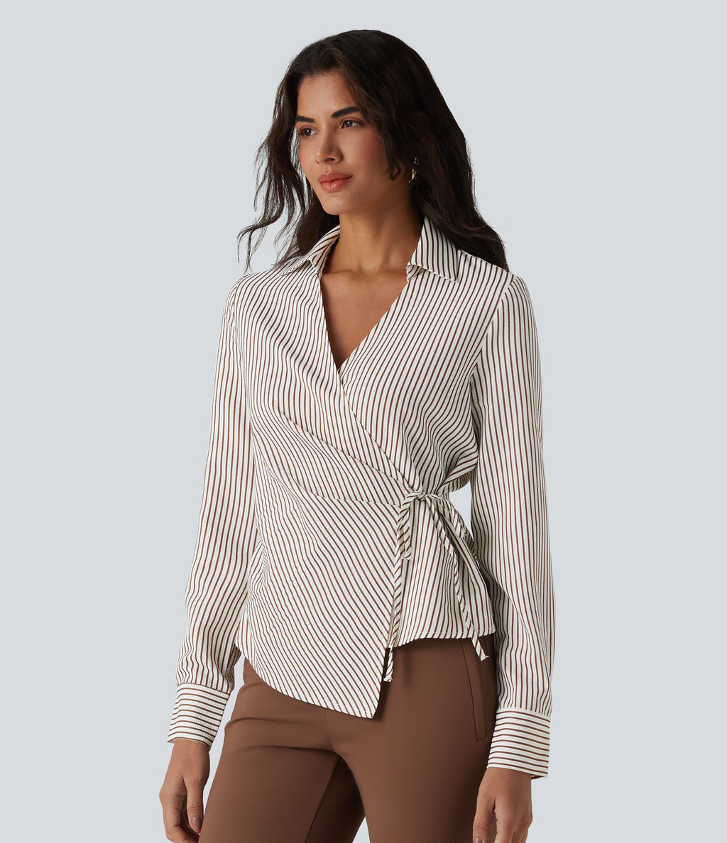 Chemise tailleur portefeuille manches longues à rayures et nœuds latéraux