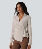 Chemise tailleur portefeuille manches longues à rayures et nœuds latéraux