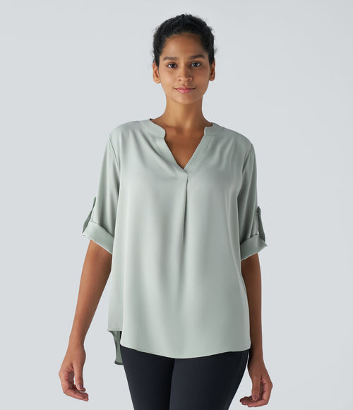 Chemise Travail à Col en V Boutonnée Manches Trois Quarts et Ourlet Courbé