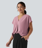 Blouse esprit bureau oversize défroissage facile, col V et manches courtes