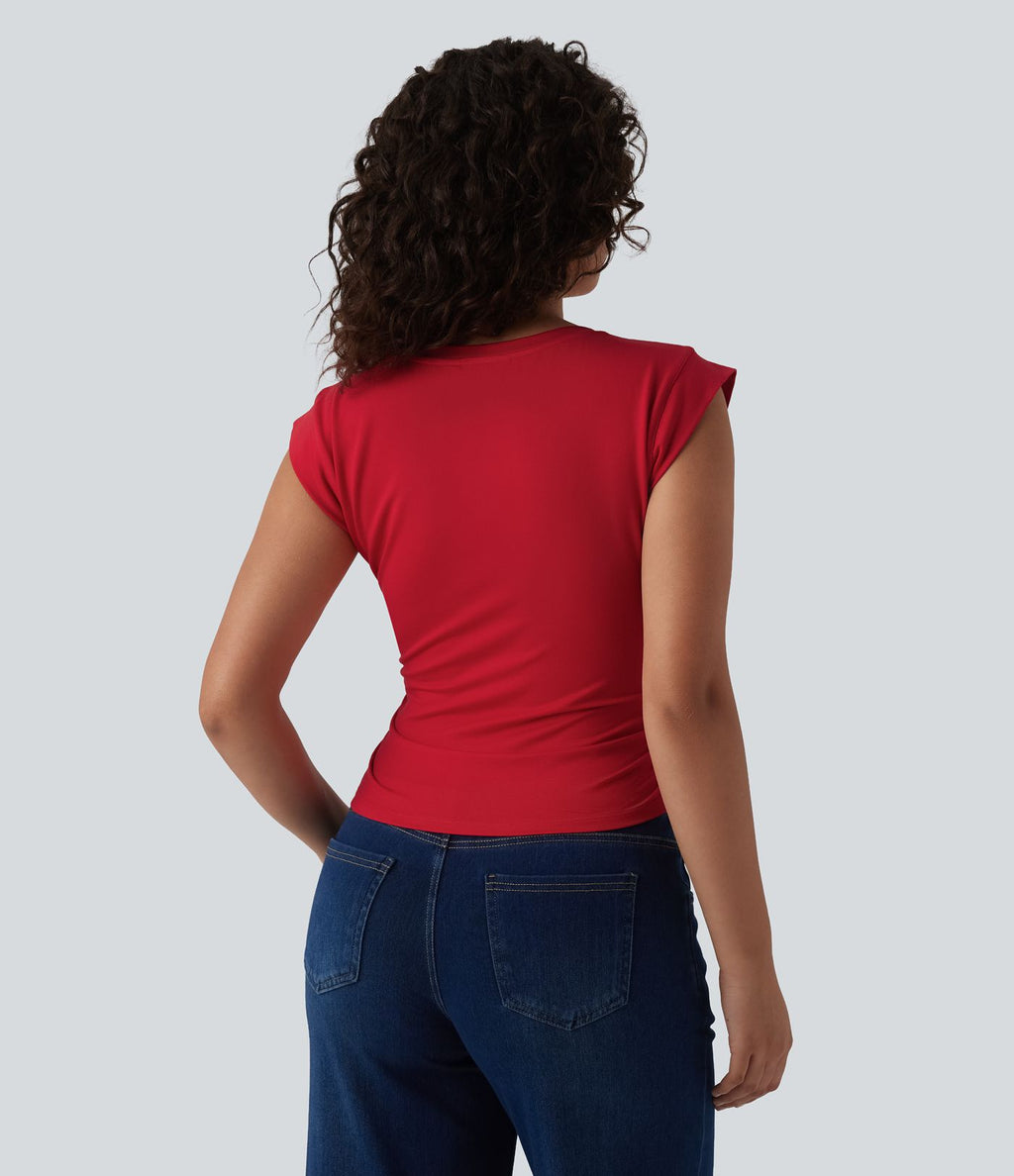 T-shirt décontracté col V manches courtes ourlet arrondi froncé