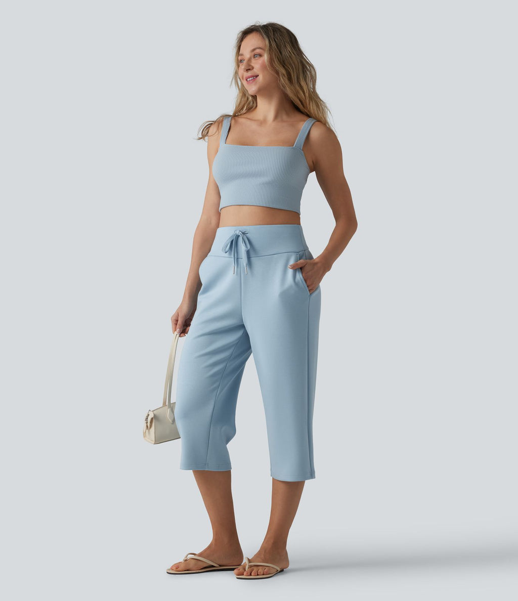 Pantalon Capri décontracté à taille haute, coupe droite, cordon de serrage et poches