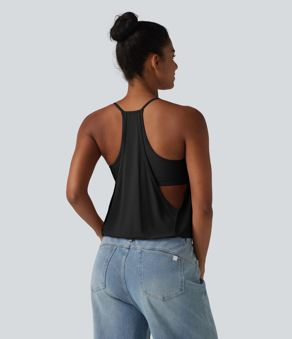 Débardeur décontracté col U froncé 2-en-1 avec brassière intégrée effet frais InstantCool séchage rapide, protection solaire UPF50+