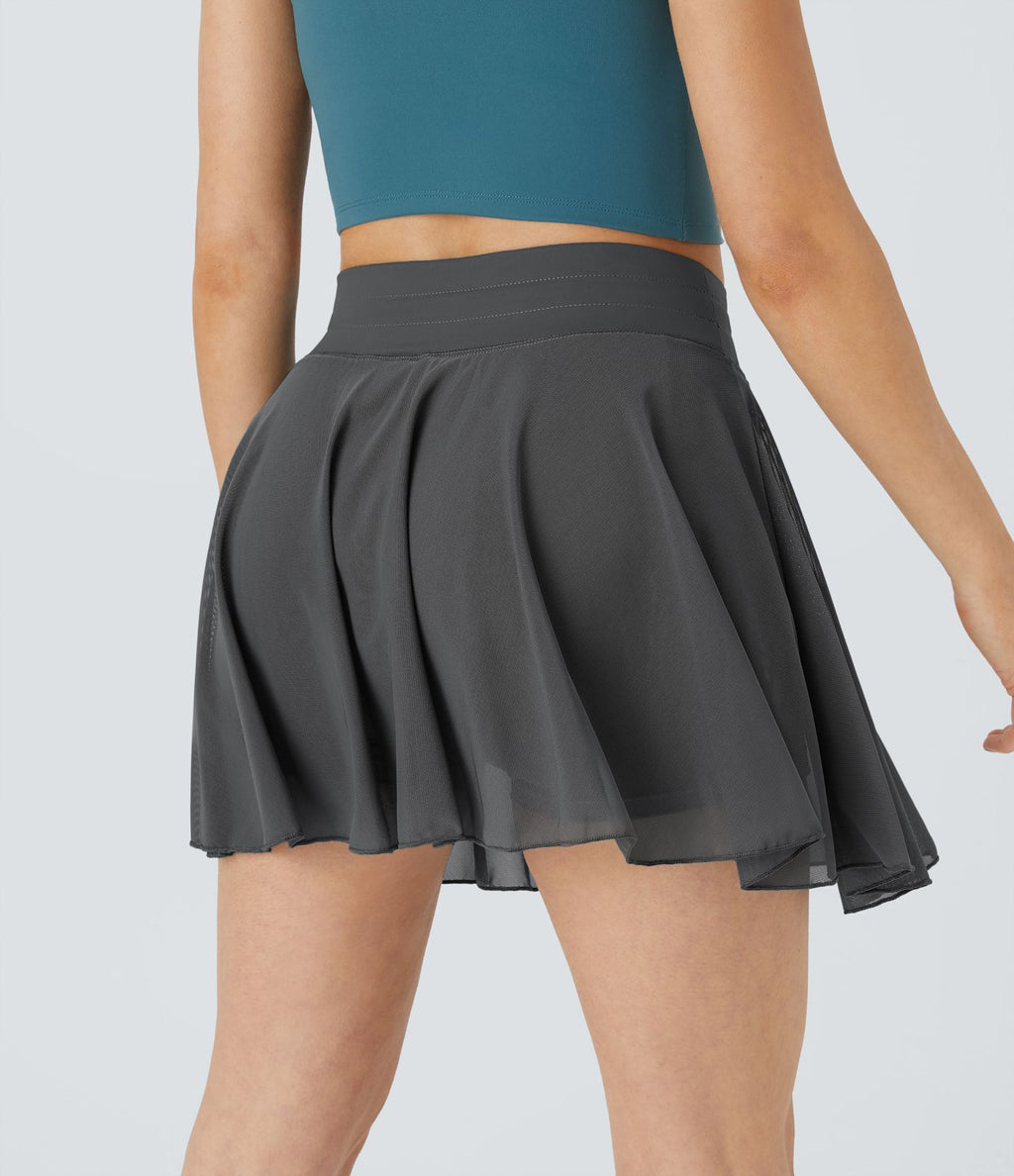 Jupe Casual Évasée Fluide 2 en 1 en Maille Contrastée Taille Haute Cordon de Serrage Poche Latérale