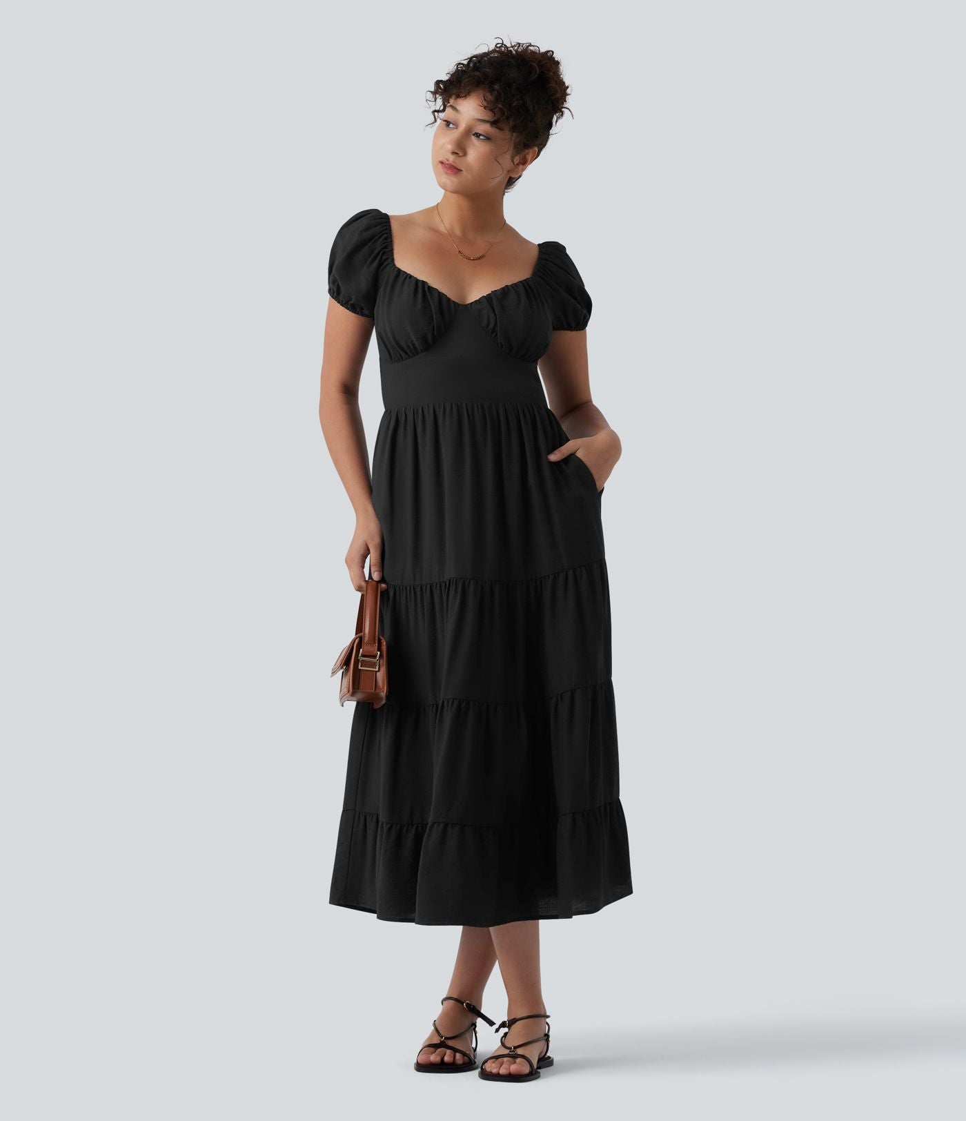 Robe midi décontractée à volants, col Queen Anne, manches bouffantes froncées et poches