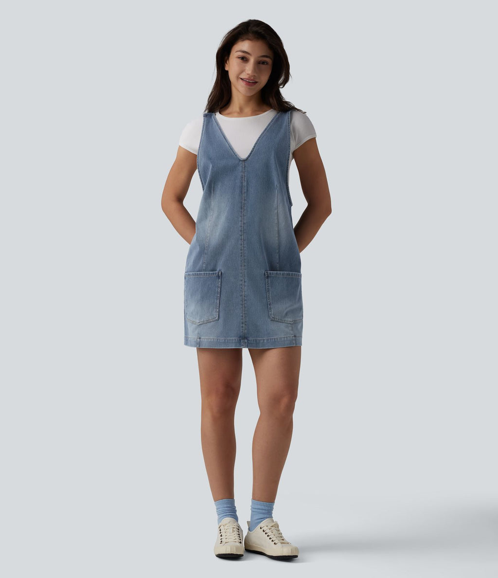 Robe mini décontractée Halara Flex™ col V en denim délavé avec poches