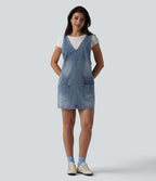 Robe mini décontractée Halara Flex™ col V en denim délavé avec poches