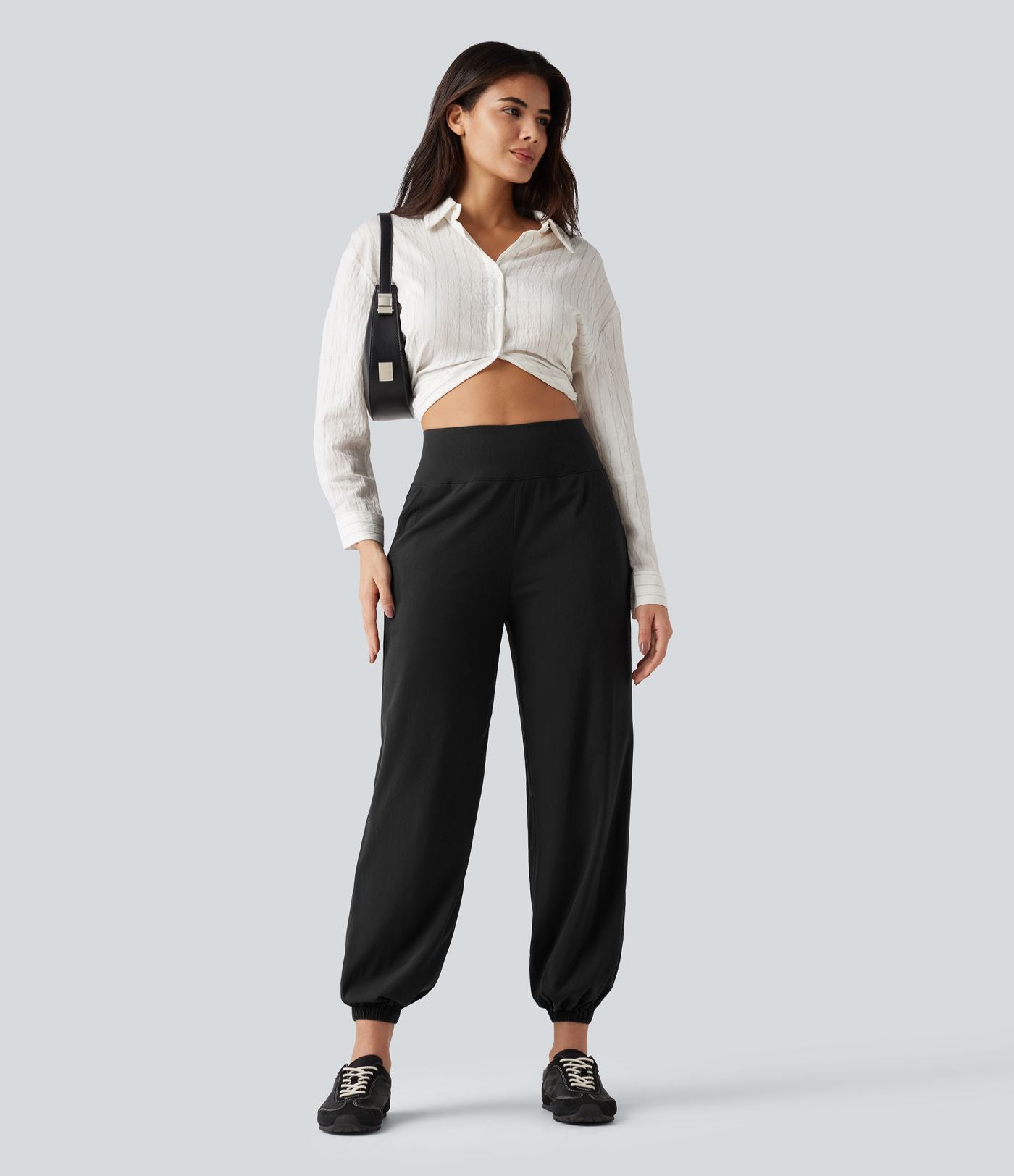 Pantalon de jogging taille haute en lin stretch avec poches