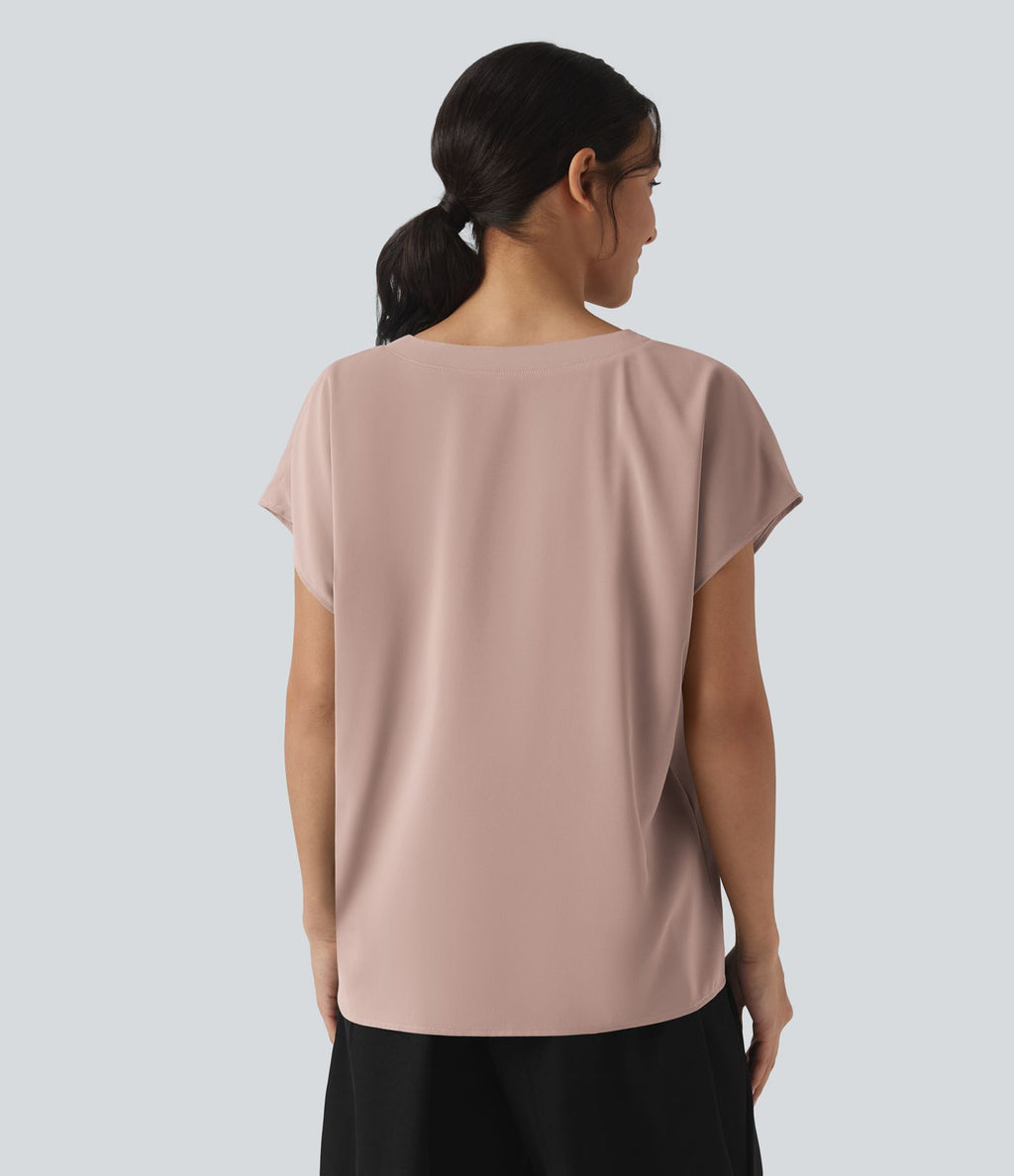 Blouse esprit bureau oversize défroissage facile, col V et manches courtes