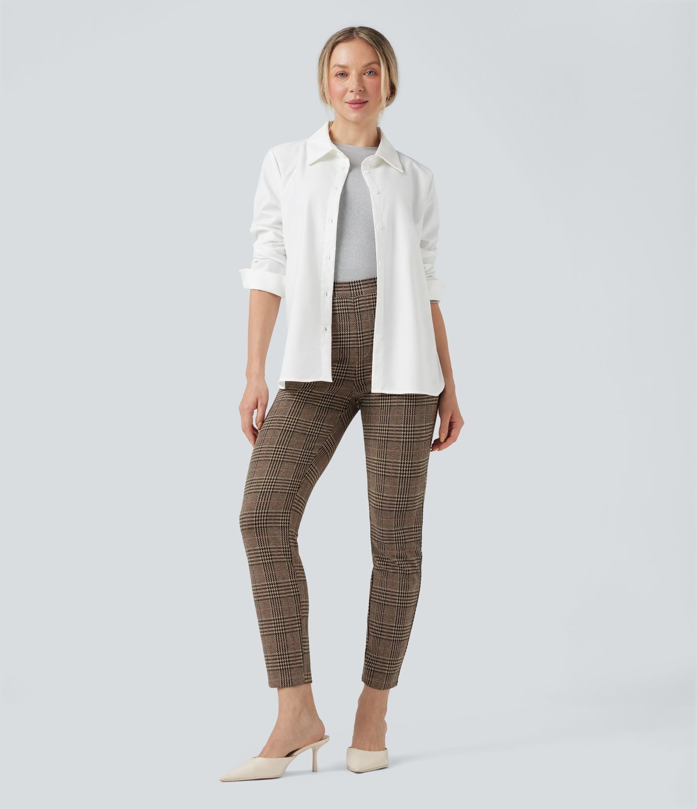 Halara Flex™ Pantalon skinny tailleur taille haute à motif pied-de-poule avec poches arrière