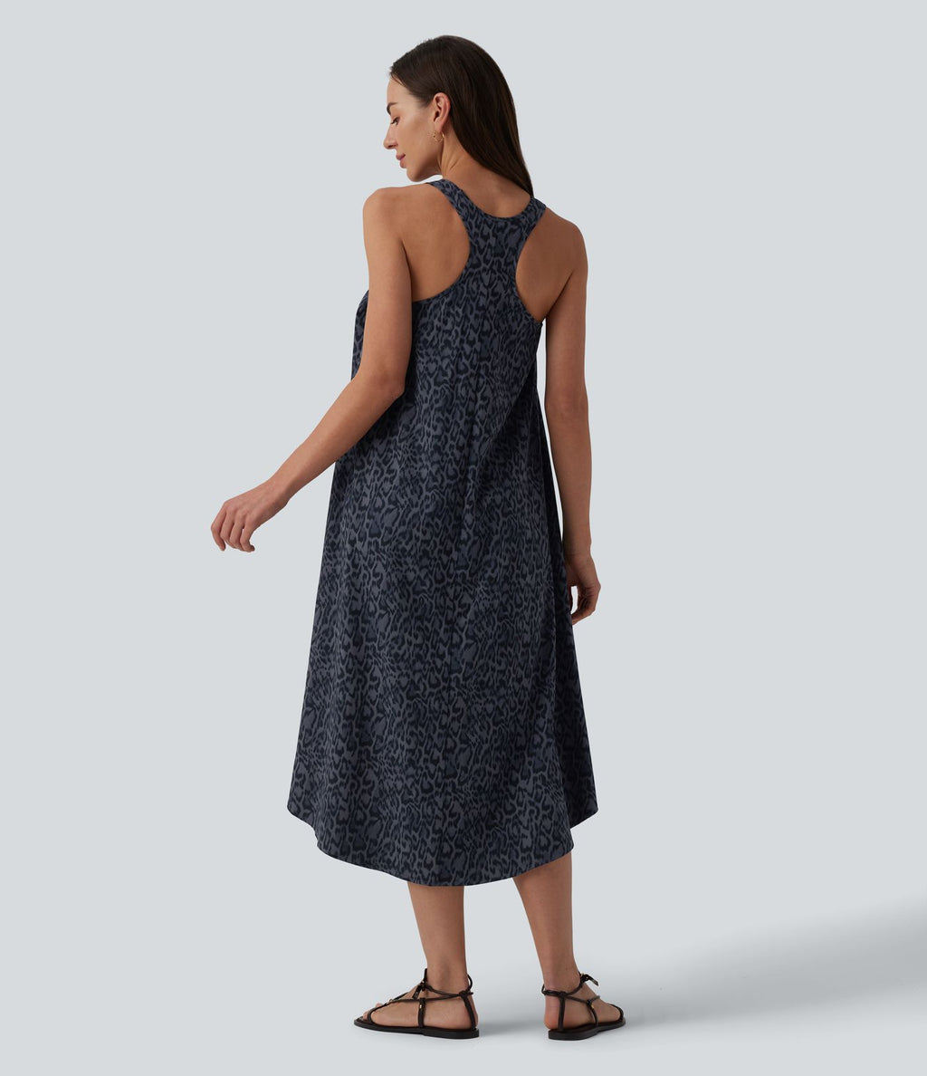 Robe mi-longue fluide station balnéaire dos nageur sans manches asymétrique imprimé léopard avec poches